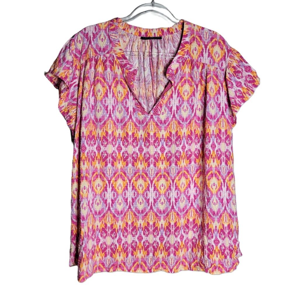 Lane Bryant Plus Size 26 28 Pink Orange Yellow‎ Ikat Print V Neck Tunic Top